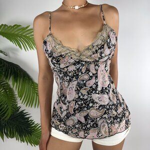 Vintage Y2K Cato Black Paisley Floral Whimsigoth Camisole With Lace / Medium